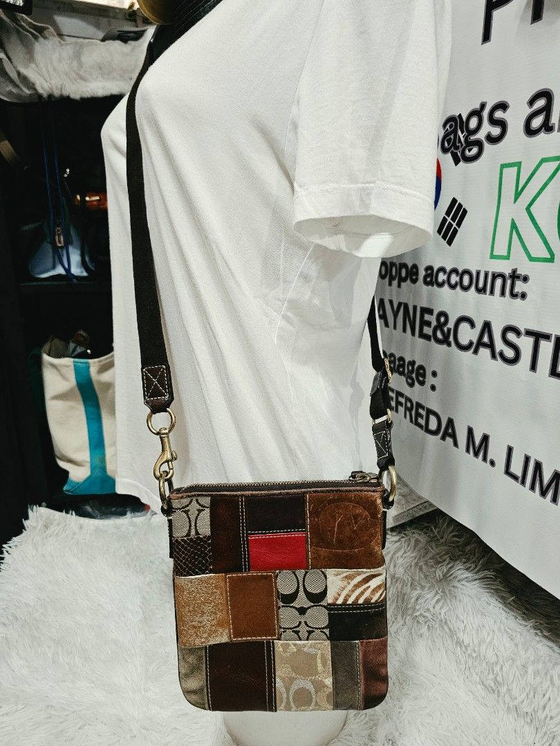 Coach Patchwork crossbody Bag (Category: Luxury Bags & Wallets) located in Cavite. Submitted by liveriver_514fd1 (Listing ID 1464398950, Image 2). Description: - Adorable Coach crossbody bag - Unique patchwork design with mixed textures and colors - Crafted from leather and fabric materials - Secure zipper closure - Adjustable strap for comfortable wear - Ideal for everyday style and practicality.