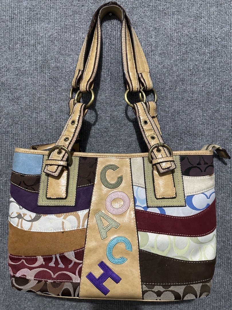 Coach Patchwork Signature Monogram Shoulder Bag (Category: Luxury Bags & Wallets) located in Villasis. Submitted by justinramosonfb (Listing ID 1464469421, Image 1). Description: - Adorable Coach shoulder bag - Unique colorful patchwork design - Mix of signature monogram, suede, and leather patches - 'COACH' embroidered on the front - Interior lining with repeating Coach logo - Secure zipper closure - Ideal for everyday style and practicality.