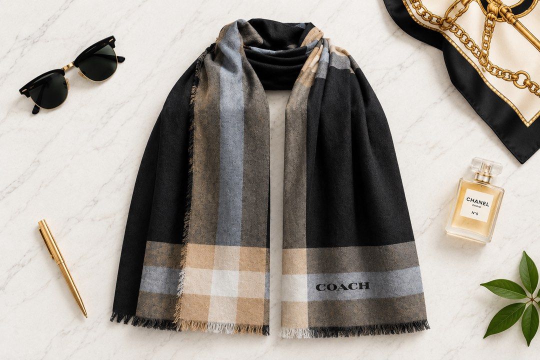 Coach Plaid Scarf with Fringed Edges (Category: Scarves) located in Cebu City. Submitted by relovedfinds.ph (Listing ID 1464364122, Image 1). Description: A classic Coach scarf featuring a timeless plaid pattern in sophisticated shades of black, tan, and grey. Crafted from a soft, comfortable material with delicate fringed edges and finished with a subtle Coach logo detail, this versatile accessory adds an effortlessly polished touch to any look.