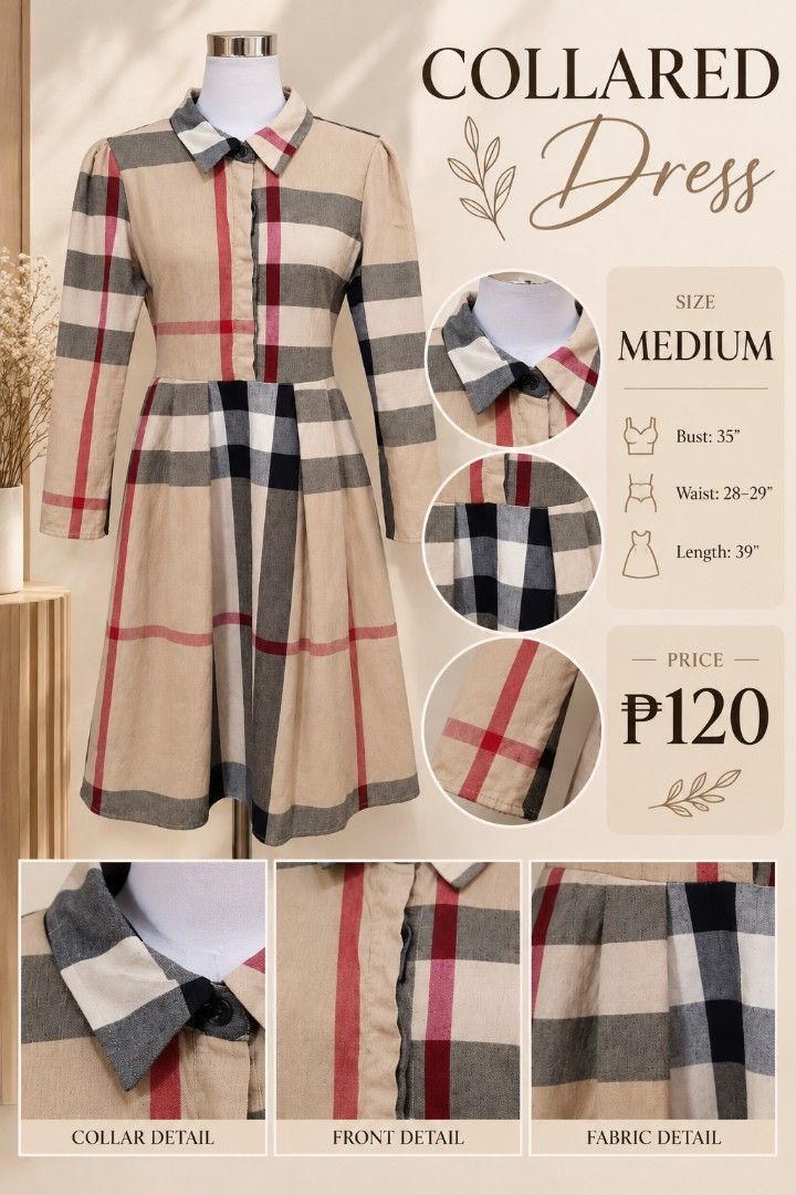Collared Plaid Long Sleeve Dress - Size Medium (Category: Dresses) located in Infanta. Submitted by shenville21556 (Listing ID 1464398474, Image 2). Description: 🌿 PRELOVED | COLLARED PLAID DRESS 🌿 Classic and elegant plaid dress in a lovely beige, gray, black & red color combination. Perfect for a polished everyday look. 🤎❤️ SIZE MEDIUM • Bust: 35” • Waist: 28–29” • Length: 39” 💰 ₱120 ONLY! 📌 Preloved item — please manage expectations for m