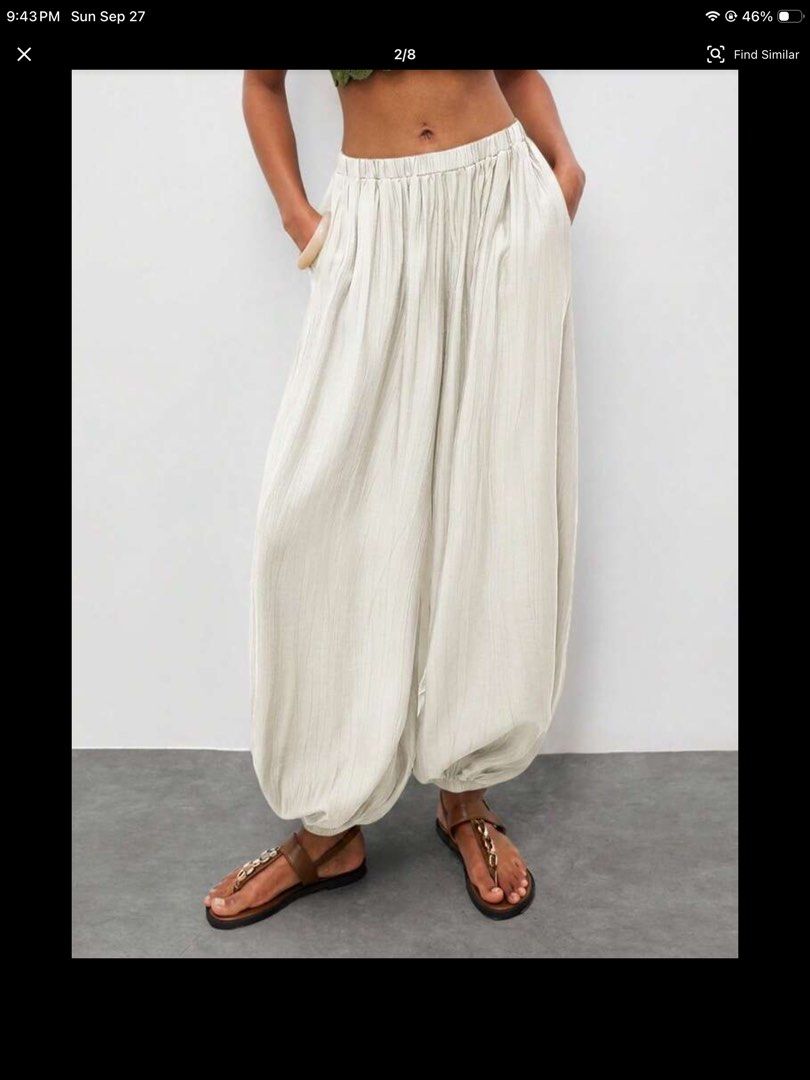 Cream Linen Blend Balloon Pants (Category: Other Bottoms) located in Pasay City. Submitted by nukachi (Listing ID 1464500398, Image 1). Description: - Super comfy cream pants - Light and airy linen-blend fabric - Easy fit with elastic waistband - Stylish wide leg with a balloon silhouette - Convenient side pockets - Ideal for casual outings or lounging at home.