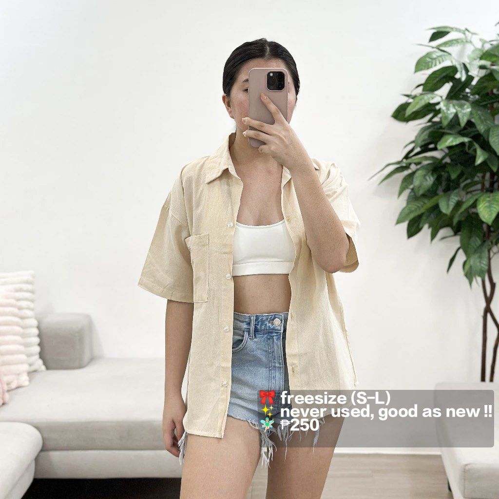 Cream Oversized Short Sleeve Button Up Shirt (Category: Shirts) located in Caloocan City. Submitted by angelinee123 (Listing ID 1464416914, Image 1). Description: Freesize - S to L •Payment methods: Gcash (item price + sf) • Payment first policy • Delivery option: - J&t delivery : 2-3 days depends on loc - Lalamove: same day delivery - meetup: 5th avenue lrt station only (cod avail) .