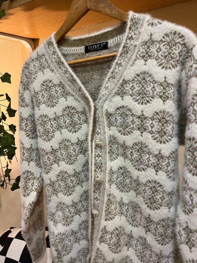 Cream patterned knitted cardigan (Category: Coats, Jackets and Outerwear) located in Quezon City. Submitted by michypeachyy1 (Listing ID 1464494081, Image 3). Description: 250 plus shipment 23 inches width 27.5 inches length.