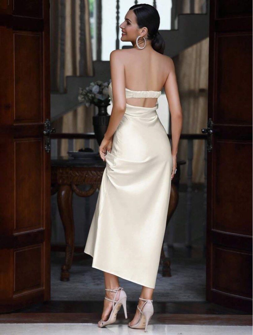 Cream Strapless Satin Midi Dress (Category: Dresses) located in Pasig City. Submitted by dairob1203 (Listing ID 1464455869, Image 2). Description: - Apricot satin midi dress - Strapless design - Subtle back cutout - Smooth, silky fabric - Ideal for events or a night out - Fits true to size.