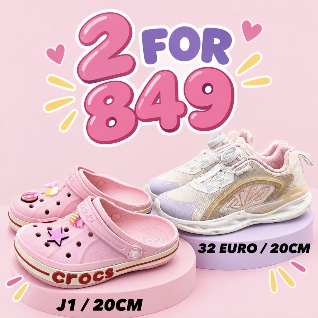 Crocs & Sneakers Bundle - Size 20CM / EU 32 (Category: Babies & Kids Fashion) located in San Fernando. Submitted by kickslocker (Listing ID 1464368506, Image 1). Description: - Bundle includes 2 pairs of kids' shoes. - Size: 20cm (EU 32). - Pair 1: Pink Crocs with cute charms. - Pair 2: White and pink sneakers with easy dial closure. - Excellent value for two pairs!.