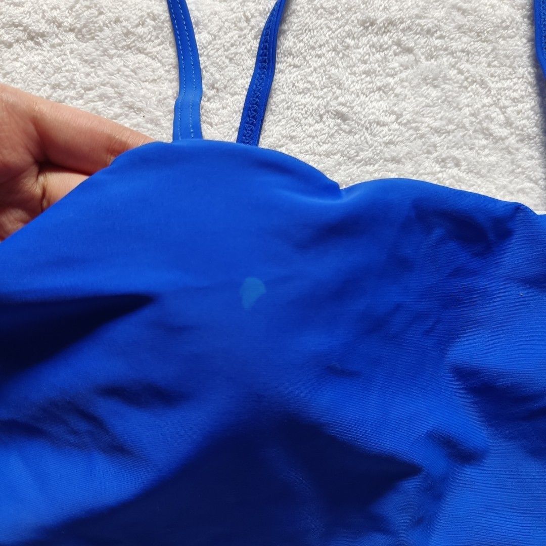 Dark Blue Two Piece Bikini Swimsuit Set (Category: Bikinis & Swimsuits) located in Bacoor. Submitted by kmrynl (Listing ID 1464413998, Image 2). Description: Rfs: decluttering - issue: small bleach stain (see photos) - with pads, adjustable straps and clasp on bikini top, garterized waist on bottoms - no ww; manage expectations - see last photos for measurements (in) MOP: Maribank/BPI only MOD: J&T/Lalamove.