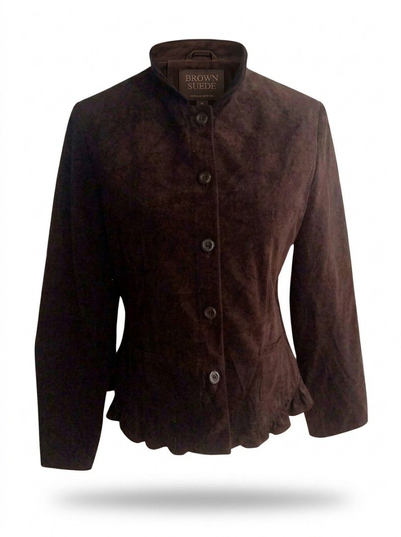 Be Be One Dark Espresso Suede Button-Up Jacket with Scalloped/Ruffle Hem Jacket (Category: Coats, Jackets and Outerwear) located in Bacoor. Submitted by aithriftcloset (Listing ID 1464529437, Image 2). Description: Code: Oh My Suede 📢"Please refer to the first photo for the most accurate depiction of the jacket's true color, as lighting may vary in other shots." 👌🏆Be Be One Dark Espresso Suede Button-Up Jacket with Scalloped/Ruffle Hem Jacket 