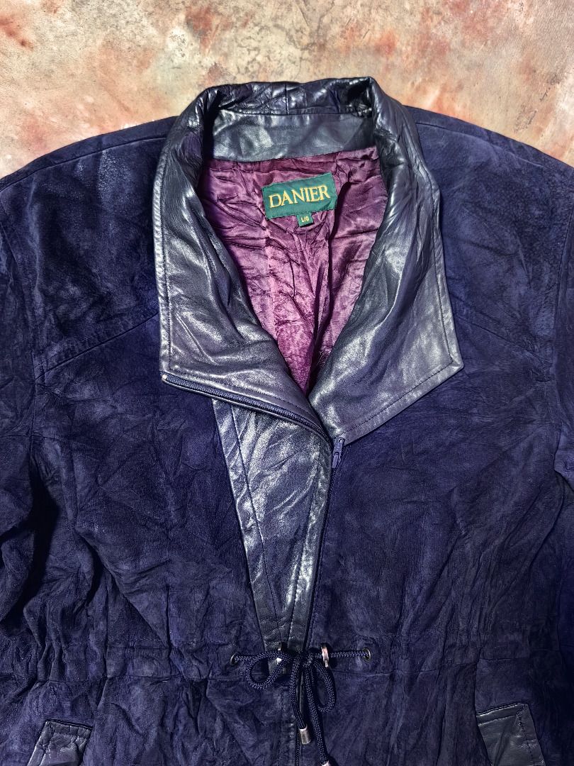 Deep royal purple / indigo Suede Leather Jacket with Drawstring Detail (Category: Coats, Jackets and Outerwear) located in Tarlac. Submitted by jeremiah.curator.2026 (Listing ID 1464462355, Image 3). Description: - Unique cool purple suede jacket - Features stylish leather accents - Convenient drawstring detail at the front - Secure zipper closure - Perfect for layering and adding a pop of color.