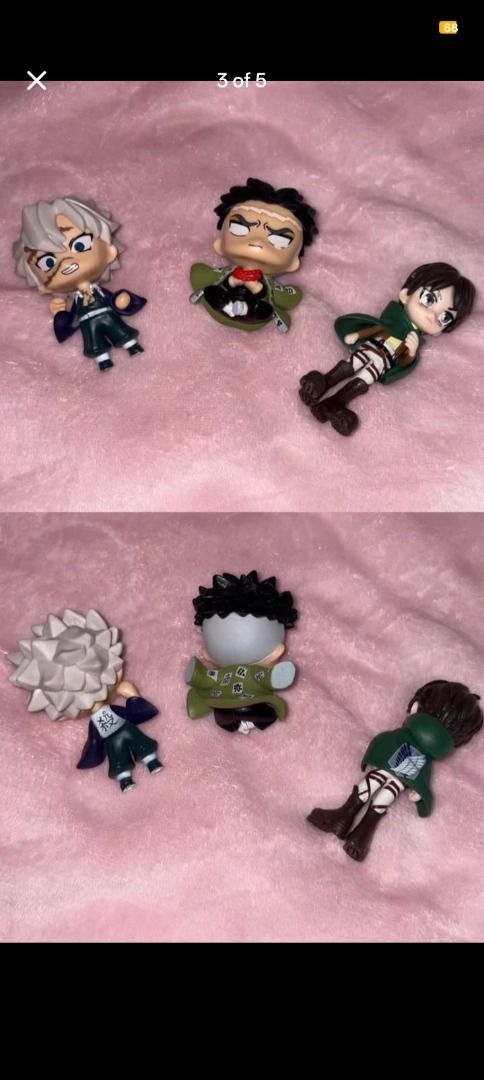 Demon Slayer & Attack on Titan Chibi Figurines Set (Category: Figurines & Statues) located in Caloocan City. Submitted by tenten_dlsrys (Listing ID 1464531041, Image 3). Description: Demon Slayer Figurines Big with stand - 150 pesos each (from claw machines) - Nezuko Demon Form - Inosuke w/o Boar Mask - Tanjiro No stand - 100 pesos each (from claw machines) - Gyomei - Sanemi Small with stand - 50 pesos each (bought it online) - Tengen - Kyojuro -