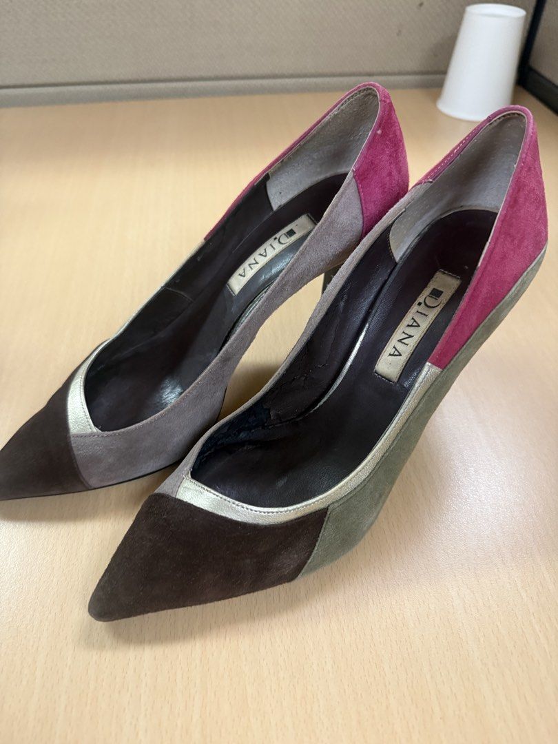 DIANA Suede Colorblock Pointed Toe Heels (Category: Heels) located in Quezon City. Submitted by lovedbymaxandmikoy (Listing ID 1464568204, Image 1). Description: - DIANA heels - Size 36 - Suede material in brown, grey, and magenta - Chic colorblock design - Metallic accents - Pointed toe style - Made in Japan - Note: Some wear on insoles, as pictured..