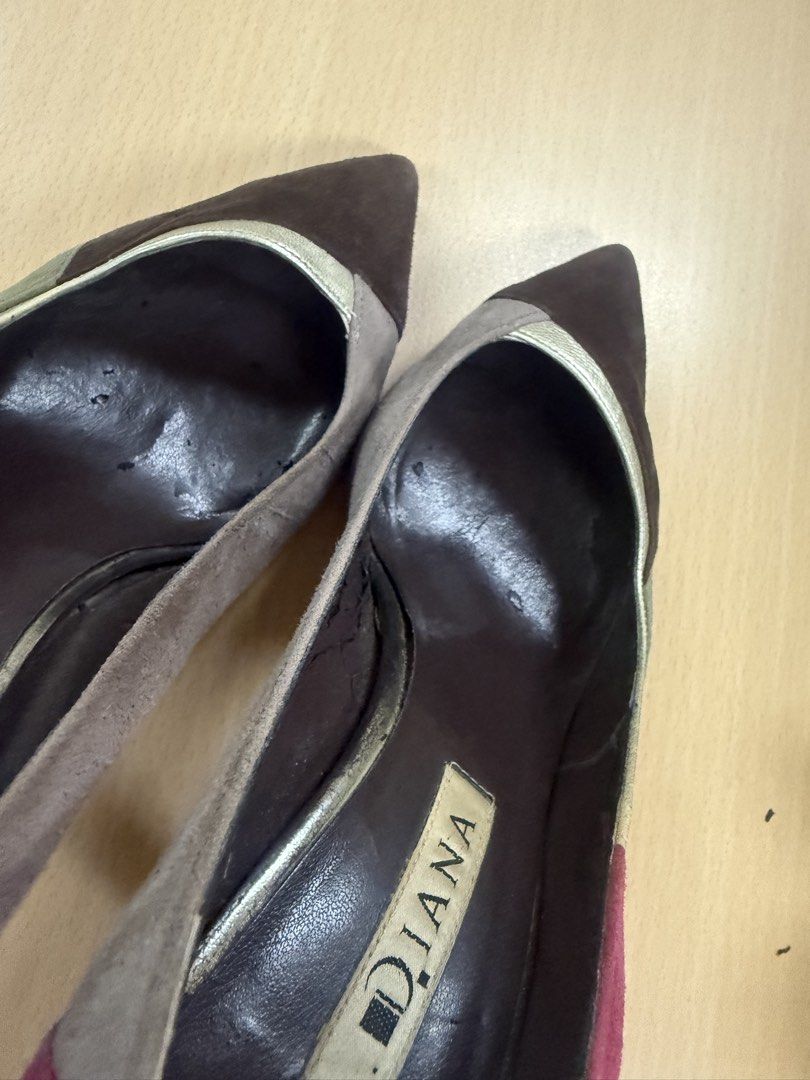 DIANA Suede Colorblock Pointed Toe Heels (Category: Heels) located in Quezon City. Submitted by lovedbymaxandmikoy (Listing ID 1464568204, Image 3). Description: - DIANA heels - Size 36 - Suede material in brown, grey, and magenta - Chic colorblock design - Metallic accents - Pointed toe style - Made in Japan - Note: Some wear on insoles, as pictured..
