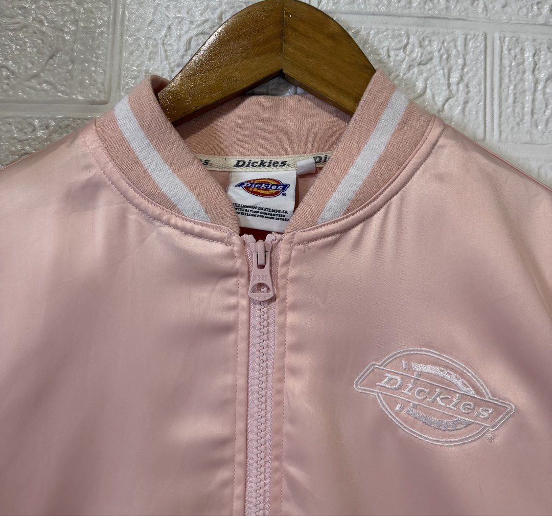 DICKIES LIGHT PINK SATIN BOMBER JACKET (Category: Coats, Jackets and Outerwear) located in Baguio. Submitted by kds_stuffs (Listing ID 1464507599, Image 3). Description: Mine: 450 📍D1CK13S light pink satin bomber jacket 😍 Size: Medium Dimension: 25L x 19W Color rate: 9/10 Issue: dot stain, pen mark, see last pic Excellent condition Need wash Gandara neto 💗.
