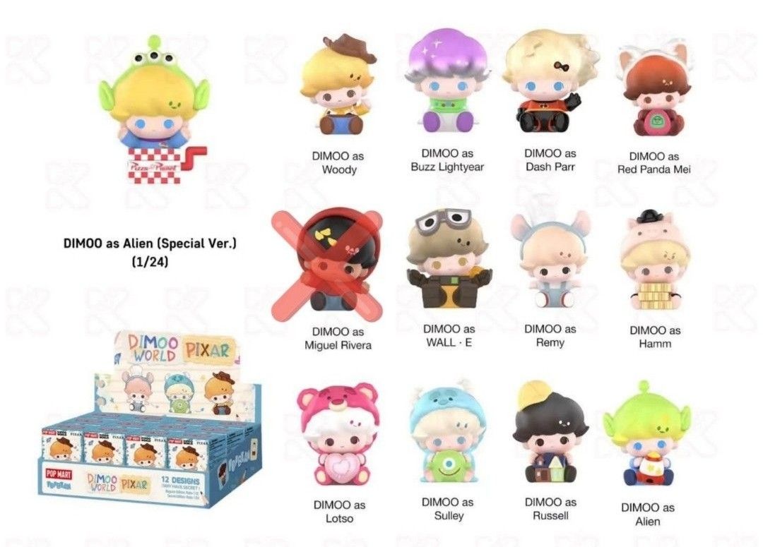 Dimoo Pixar pop beans (Category: Designer & Blind Box Toys) located in Quezon City. Submitted by hirayakarilagan (Listing ID 1464529185, Image 2). Description: dimoo pixar pop beans 200 each just follow ratio Alien (secret) 1:3 woody 1:1 buzz lightyear 1:1 remy 1:1 Russell 1:1 lotso 1:1 SOLD🥳 sulley 1:1 SOLD🥳 get pair here or other pop beans: Coco ❌ dash parr wall-e red panda mei hamm regular alien.