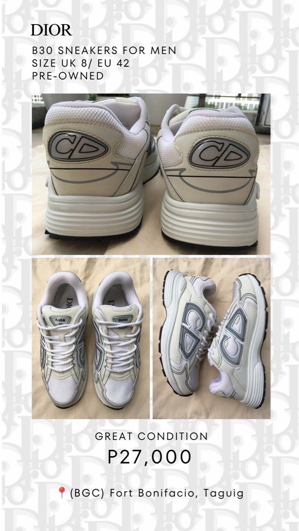 Dior B30 Sneakers for Men (Category: Sneakers) located in Taguig. Submitted by sorted_luxury (Listing ID 1464458672, Image 1). Description: - Dior B30 Sneakers for Men - Size: UK 8 / EU 42 - Colorway: White and Grey - Features: Classic CD logo on the side - Style: Comfortable and stylish, perfect for everyday wear.