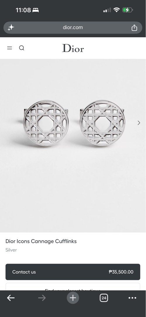 Dior Icons Cannage Cufflinks Silver (Category: Cuff Links) located in Manila. Submitted by altabl123 (Listing ID 1464361247, Image 3). Description: - Authentic Dior Icons Cannage cufflinks - Silver tone finish - Comes with original Dior dust bag, box, and ribbon - Ideal for formal wear and special events The timeless silver cufflinks showcase an engraved Cannage motif. The cufflinks will lend a hallmark touch to all formal attire. Reference: C021
