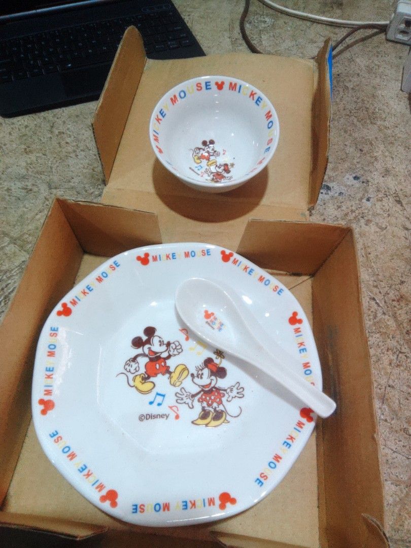Disney Mickey Mouse Ceramic Bowl Plate and Spoon Set (Category: Dinnerware & Cutlery) located in Davao. Submitted by bravemoon_556cd5 (Listing ID 1464418841, Image 3). Description: - Adorable Mickey & Minnie Mouse ceramic set for kids. - Set includes: 1 bowl, 1 plate, 1 spoon. - Features classic Mickey and Minnie graphics. - Ideal for making mealtime fun for your little one. - Dishwasher safe for easy cleaning. - Perfect for everyday use or as a 