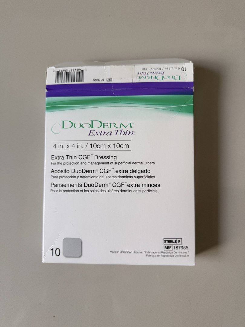 DuoDERM Extra Thin CGF Dressing 4in x 4in (10cm x 10cm) (Category: Medical Supplies & Tools) located in Taguig. Submitted by marikinaa (Listing ID 1464502539, Image 1). Description: - DuoDERM Extra Thin CGF Dressing - Size: 4" x 4" (10cm x 10cm) - Ideal for protection and management of superficial dermal ulcers - Box contains 8 pcs..