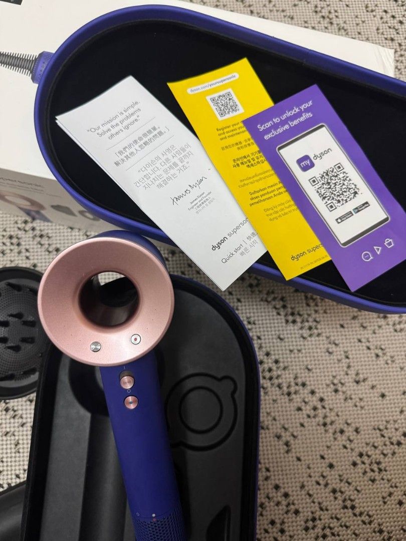 Dyson Supersonic Hair Dryer [ORIGINAL] (Category: Hair) located in Pasig City. Submitted by jjjgsforpres (Listing ID 1464386679, Image 2). Description: Dyson Supersonic Hair Dryer HD08 (Vinca Blue/Rosé) with Presentation Case Complete set & accessories. With manual and original leather box. Bought in Nov 2024. Currently retails at Php26,900 RFS: Upgraded to another Dyson product - Original box and leaflets included - Ideal for quick drying and st