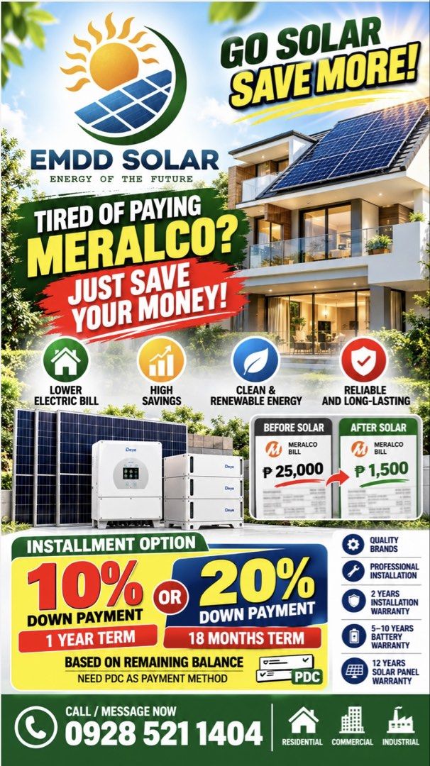EMDD Solar Energy System - Go Solar, Save More! (Category: Home Improvement Tools & Accessories) located in Las Pinas. Submitted by bienmdd (Listing ID 1464383482, Image 1). Description: - Slash your Meralco bills with EMDD Solar! - Enjoy significant savings and clean energy. - Reliable and long-lasting solar solutions. - Flexible installment options: - 10% down payment, 1-year term - 20% down payment, 18-month term - Post-dated checks (PDC) requ