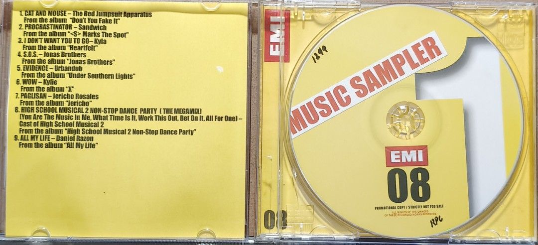 EMI 08 Music Sampler CD Promotional Copy Philippines (Category: CDs & DVDs) located in Manila. Submitted by ruelcabrer77078 (Listing ID 1464555924, Image 2). Description: - EMI 08 Music Sampler CD - Features artists like The Red Jumpsuit Apparatus, Jonas Brothers, and Kylie - Includes songs from "Don't You Fake It", "Heartfelt", and "High School Musical 2" - Promotional copy - strictly not for sale - Manufactured and printed in the Philippines by