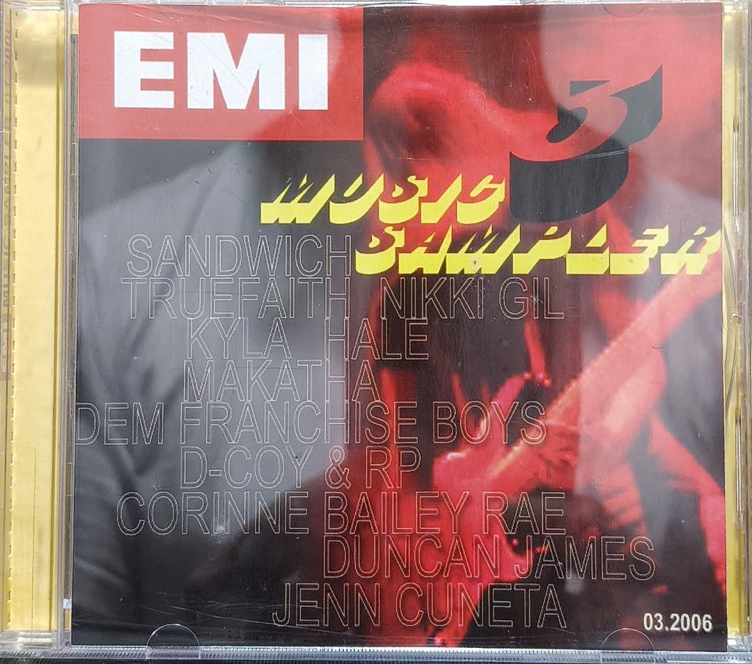 EMI Music Sampler 03 CD Promotional Copy (Category: CDs & DVDs) located in Manila. Submitted by ruelcabrer77078 (Listing ID 1464555875, Image 1). Description: - Rare EMI Music Sampler 03 CD - Released in 2006 - Features artists: Kyla, Hale, Jenn Cuneta, Corinne Bailey Rae, True Faith, Sandwich, Duncan James, Dem Franchise Boyz, Makatha, D-Coy & RP - Promotional copy (strictly not for sale) - Manufactured and printed in the Philippines.