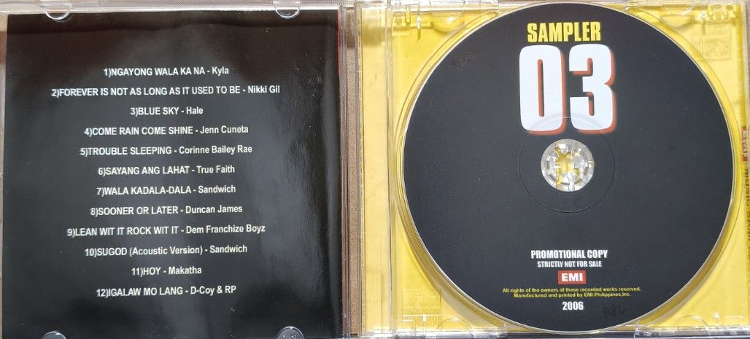 EMI Music Sampler 03 CD Promotional Copy (Category: CDs & DVDs) located in Manila. Submitted by ruelcabrer77078 (Listing ID 1464555875, Image 2). Description: - Rare EMI Music Sampler 03 CD - Released in 2006 - Features artists: Kyla, Hale, Jenn Cuneta, Corinne Bailey Rae, True Faith, Sandwich, Duncan James, Dem Franchise Boyz, Makatha, D-Coy & RP - Promotional copy (strictly not for sale) - Manufactured and printed in the Philippines.
