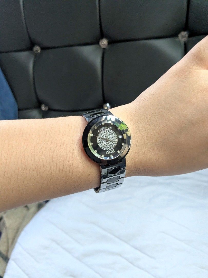 Essence Tungsten Crysta Sapphire Watch (Category: Women's Watches) located in Quezon City. Submitted by nnncorner (Listing ID 1464439312, Image 3). Description: Essence Ceramic Tungsten Crystal Sapphire Bezel Watch 100% Original 100% All parts are original 9/10 condition No scratches or hairlines on glass face Still in presentable condition has very small flaw on strap (unnoticeable tho unless OC ka) Butterfly Deployment Clasp Closure Super prett
