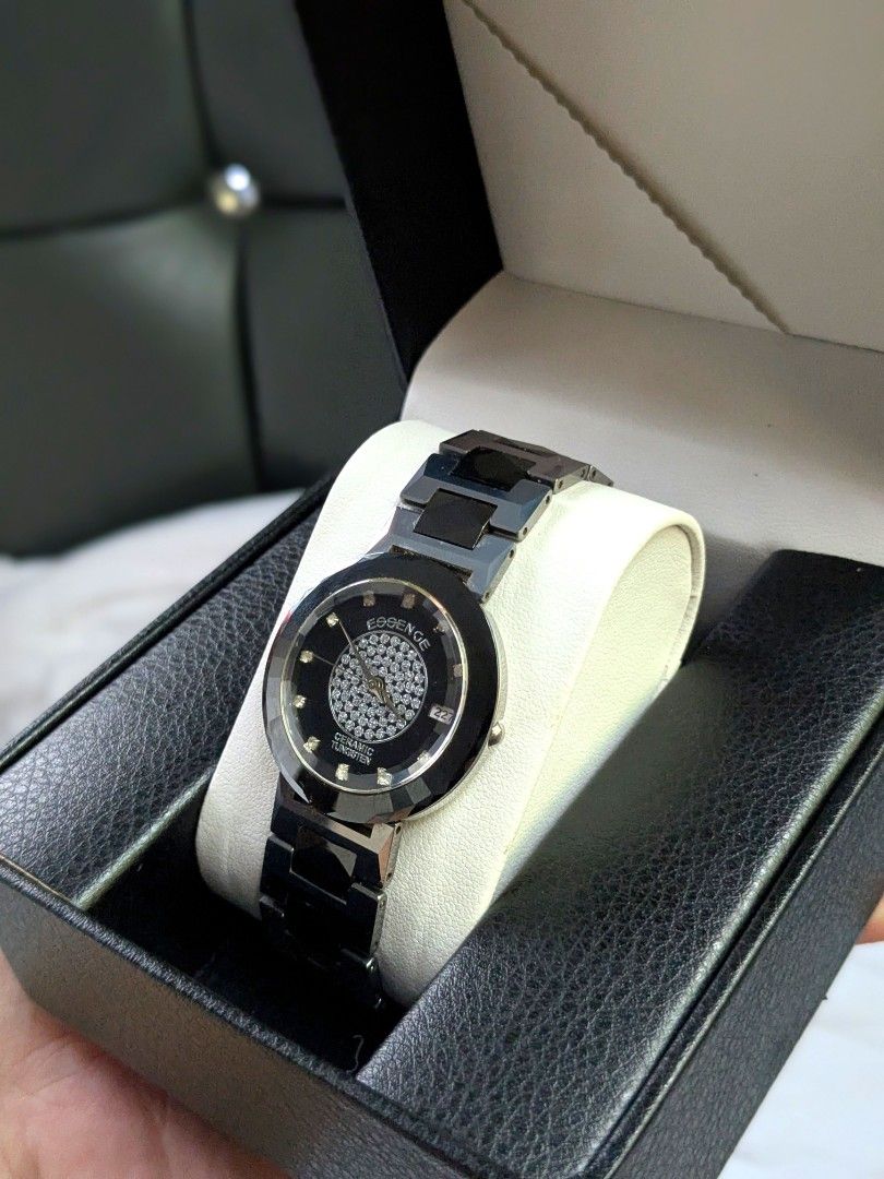 Essence Tungsten Crysta Sapphire Watch (Category: Women's Watches) located in Quezon City. Submitted by nnncorner (Listing ID 1464439312, Image 2). Description: Essence Ceramic Tungsten Crystal Sapphire Bezel Watch 100% Original 100% All parts are original 9/10 condition No scratches or hairlines on glass face Still in presentable condition has very small flaw on strap (unnoticeable tho unless OC ka) Butterfly Deployment Clasp Closure Super prett