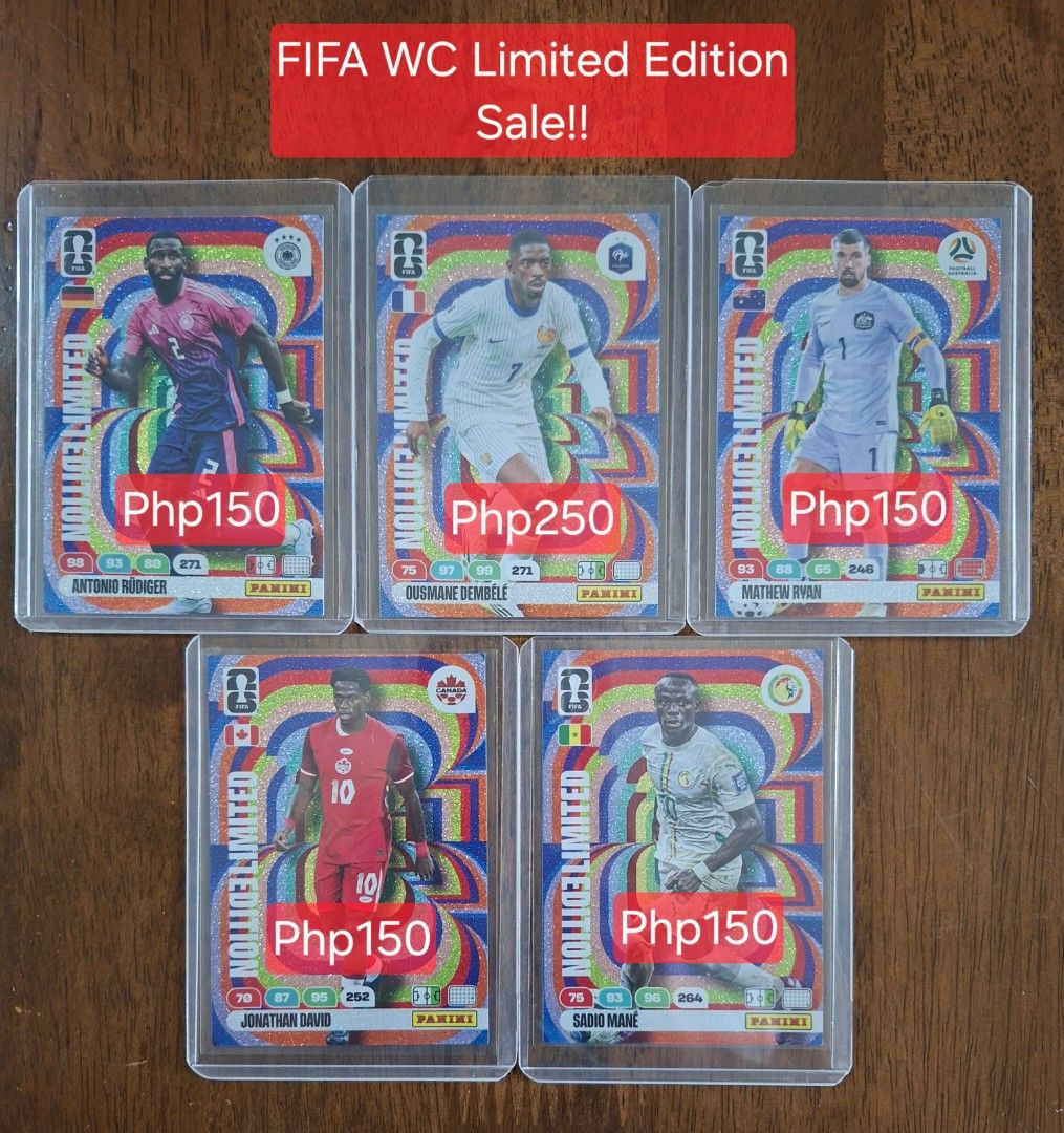 FIFA WC Limited Edition Trading Cards - Panini (Category: Raw Singles) located in Taytay. Submitted by bouncy_bee (Listing ID 1461116308, Image 1). Description: - Limited Edition Panini FIFA World Cup Trading Cards - Available Players & Prices: - Antonio Rüdige - Ousmane Dembélé - Mathew Ryan - Jonathan David - Sadio Mané - All cards are in protective sleeves - Perfect for collectors - Prices are negotiable.