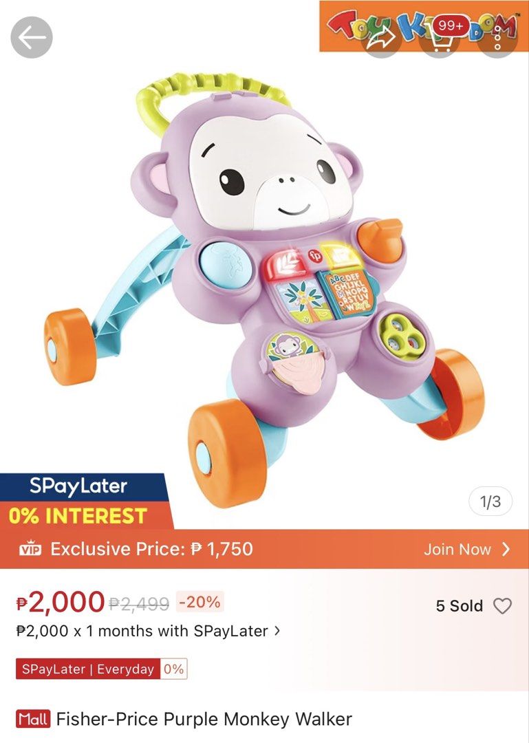 Fisher Price Monkey Learning Walker (Category: Infant Playtime) located in San Juan City. Submitted by summernightss (Listing ID 1464380435, Image 3). Description: - Fisher-Price Monkey Learning Walker - Lights up and plays music for engaging play - Assists baby in standing and cruising - Packed with interactive activities to develop motor skills - Features an easy-to-grip handle - Smooth-rolling wheels for easy movement RFS: Gifted, used once. M