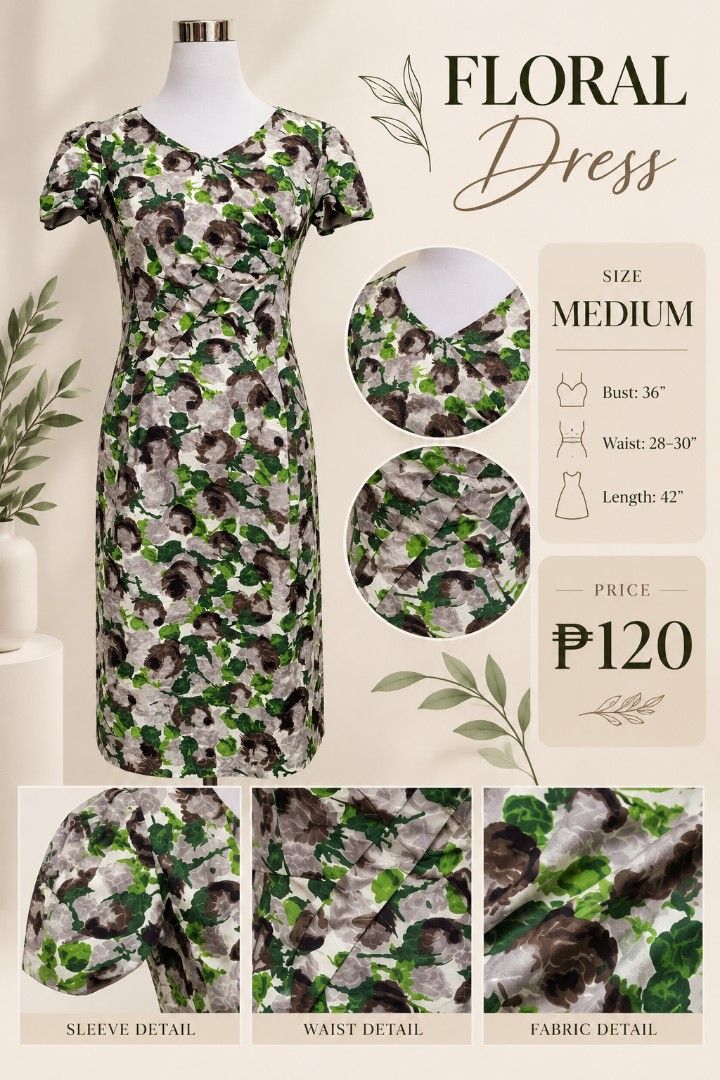 Printed Dress Medium Size V-Neck Short Sleeves (Category: Dresses) located in Infanta. Submitted by shenville21556 (Listing ID 1464399525, Image 2). Description: 🌿 PRELOVED | PRINTED DRESS 🌿 A lovely floral dress in a beautiful mix of green, gray & brown—simple, feminine, and easy to style. ✨ SIZE MEDIUM • Bust: 36” • Waist: 28–30” • Length: 42” 💰 ₱120 ONLY 📌 Preloved item — please manage expectations for minor signs of previous use. 📩 PM to