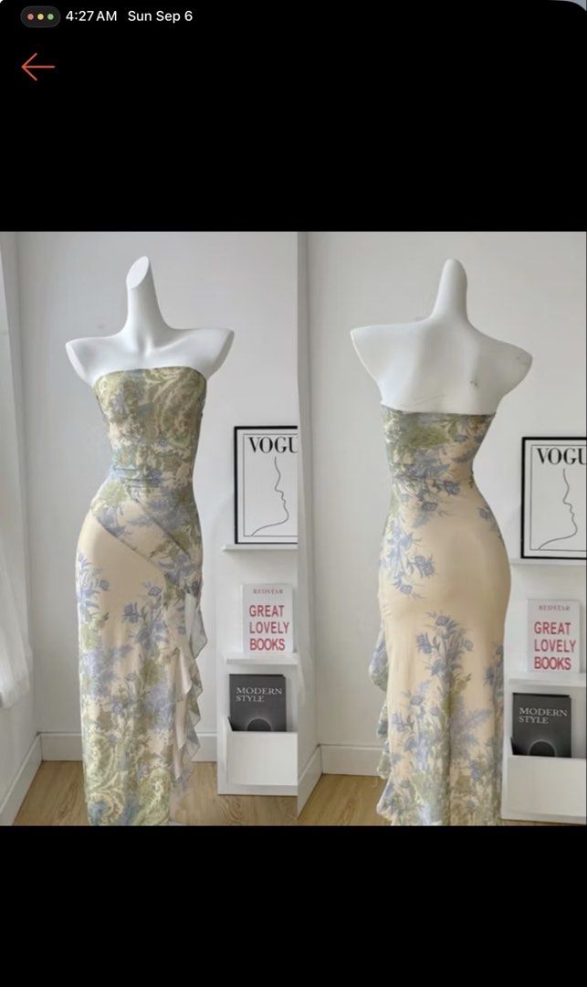Floral long dress (Category: Dresses) located in Manila. Submitted by zyzyzywhat (Listing ID 1464442634, Image 1). Description: - Sage green floral long dress/beach dress - Large size (fit: 56-60kg) - body hugging/strechable - Used once - Php 300 - lalamove (buyer should shoulder delivery fee).