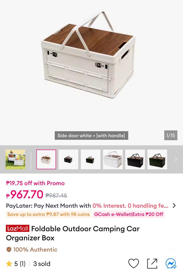 Foldable Outdoor Camping Car Organizer Box with Handle (Category: Storage Boxes & Baskets) located in Manila. Submitted by starbalesukandjapansurplus (Listing ID 1464406119, Image 1). Description: - Foldable organizer box - Features a wooden lid - Includes a convenient side door - Ideal for camping trips - Great for car storage solutions - Equipped with sturdy handles for easy carrying - Folds flat for compact storage - Designed for durability an