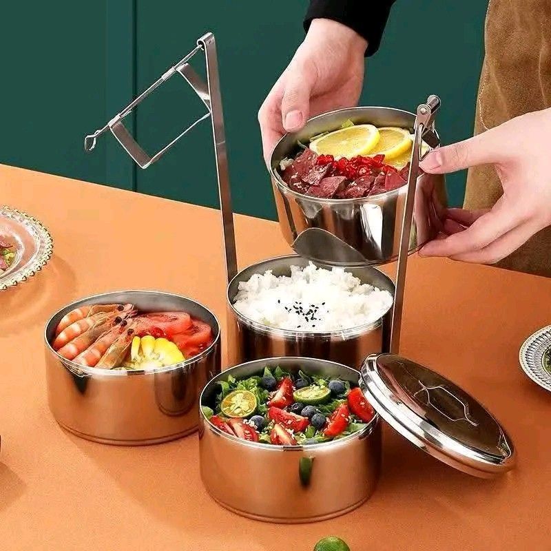 food storage stainless (Category: Food Organization & Storage) located in Manila. Submitted by asstditems (Listing ID 1464363993, Image 2). Description: Food Carrier Stainless Steel 💖 :550(5Lyr) 450 (4Lyr) 400 (3Lyr).