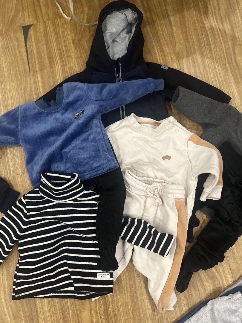 For Baby Boy: Winter Set Clothes (Category: Babies & Kids Fashion) located in Cavite. Submitted by BagsNTags (Listing ID 1464516052, Image 1). Description: - Blue fleece top with heat tech pants - Black and white striped turtleneck (heat tech) - Cream tracksuit with brown accents (set) - Winter Hoodie Jacket - Heat tech top and heat tech pants - Ideal for winter wear and layering -9-12 mos.