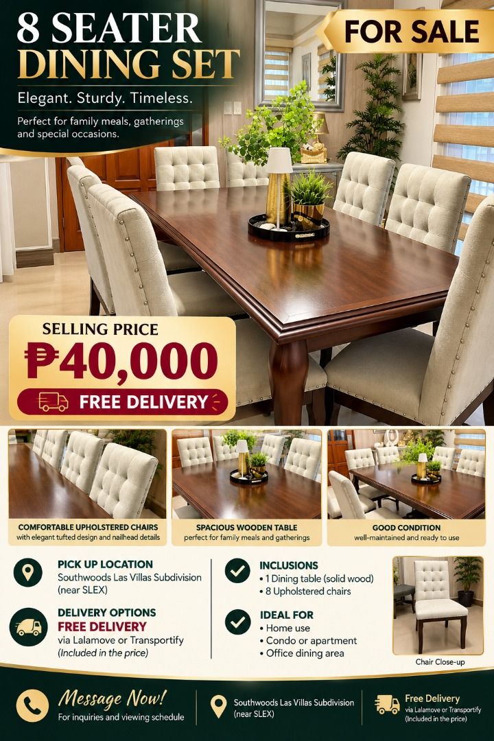 FOR SALE — 8-SEATER DINING SET (Category: Tables & Sets) located in Santa Rosa. Submitted by jen.cantila (Listing ID 1464548650, Image 1). Description: FOR SALE — 8-SEATER DINING SET Elegant and spacious 8-seater dining set, featuring a rich dark-wood rectangular dining table paired with 8 comfortable cream upholstered chairs. The tufted backrests and nailhead detailing give the chairs a refined classic look, while the warm wood finish makes the 