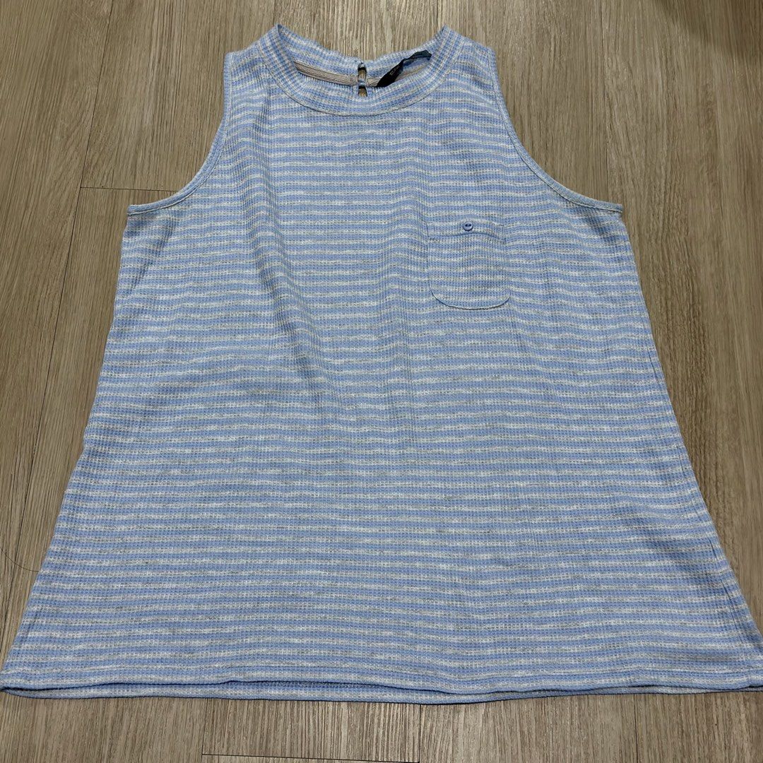 Forme Blue & White Striped Sleeveless Tank Top (Category: Sleeveless) located in Manila. Submitted by sg.21 (Listing ID 1464492200, Image 1). Description: - Light blue and white striped pattern - Waffle knit texture - Sleeveless design - Mock neck - Small chest pocket with button closure - Keyhole detail at the back with two button closures - Made in the Philippines Armpit 17” Length 23” Color is light blue, closest shade is the 2nd photo because