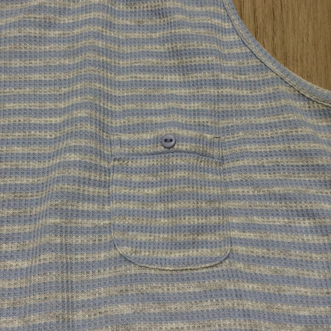 Forme Blue & White Striped Sleeveless Tank Top (Category: Sleeveless) located in Manila. Submitted by sg.21 (Listing ID 1464492200, Image 3). Description: - Light blue and white striped pattern - Waffle knit texture - Sleeveless design - Mock neck - Small chest pocket with button closure - Keyhole detail at the back with two button closures - Made in the Philippines Armpit 17” Length 23” Color is light blue, closest shade is the 2nd photo because