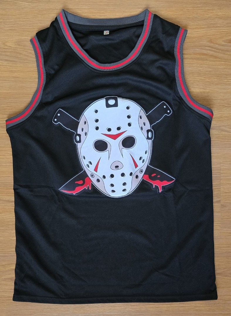 Friday the 13th Jersey (Category: Activewear) located in Manila. Submitted by lustysmile (Listing ID 1464448231, Image 1). Description: - Black basketball jersey with Jason Voorhees mask graphic on front. - Back reads 'Voorhees' and the number '13'. - Special text on the number '13': 'I Never Die!' and 'Austin 1'. - Perfect for horror movie fans and basketball lovers. - Made of comfortable mesh material. - Relaxed fit for easy movement. dimension