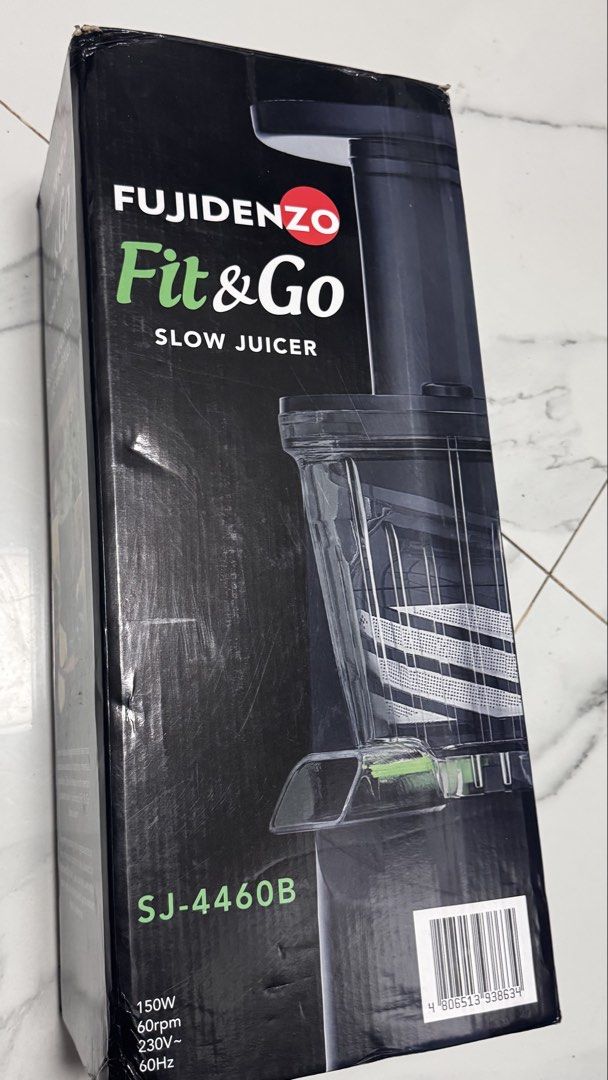 Fujidenzo Fit&Go Slow Juicer (Category: Other Kitchenware & Tableware) located in Pasig City. Submitted by sdpii (Listing ID 1464375801, Image 1). Description: Details: • Fujidenzo Fit & Go Slow Juicer • Model: SJ-4460B • 150W | 60RPM • Stainless steel filter • 700ml juice collector • 550ml pulp collector • Anti-drip feature • Reverse function • Anti-slip rubber feet • Black • Dimensions: 49 × 16 × 20 cm • Box included — please see photos for act