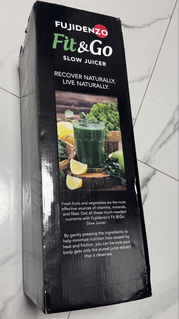Fujidenzo Fit&Go Slow Juicer (Category: Other Kitchenware & Tableware) located in Pasig City. Submitted by sdpii (Listing ID 1464375801, Image 2). Description: Details: • Fujidenzo Fit & Go Slow Juicer • Model: SJ-4460B • 150W | 60RPM • Stainless steel filter • 700ml juice collector • 550ml pulp collector • Anti-drip feature • Reverse function • Anti-slip rubber feet • Black • Dimensions: 49 × 16 × 20 cm • Box included — please see photos for act