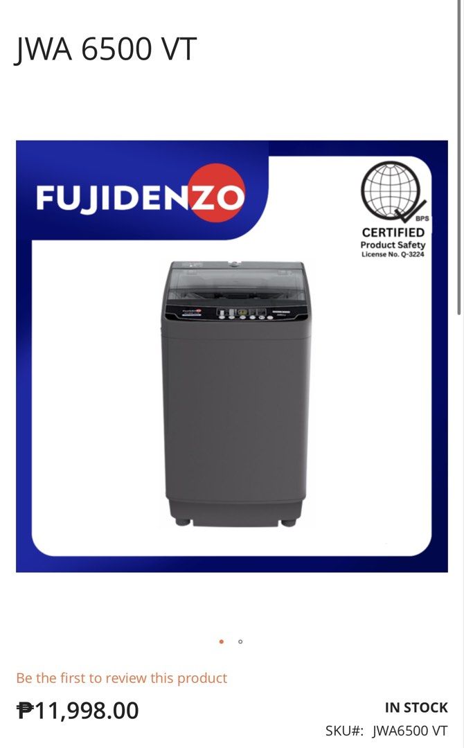 Fujidenzo JWA 6500 VT Fully Automatic Washing Machine (Category: Washing Machines and Dryers) located in Manila. Submitted by prelovedbydarkangel (Listing ID 1464367672, Image 1). Description: - Fujidenzo JWA 6500 VT Washing Machine - 6.5 kg capacity - Fully automatic operation - Variable water pressure technology - Energy efficient motor - Rust-proof plastic body - Air dry function .