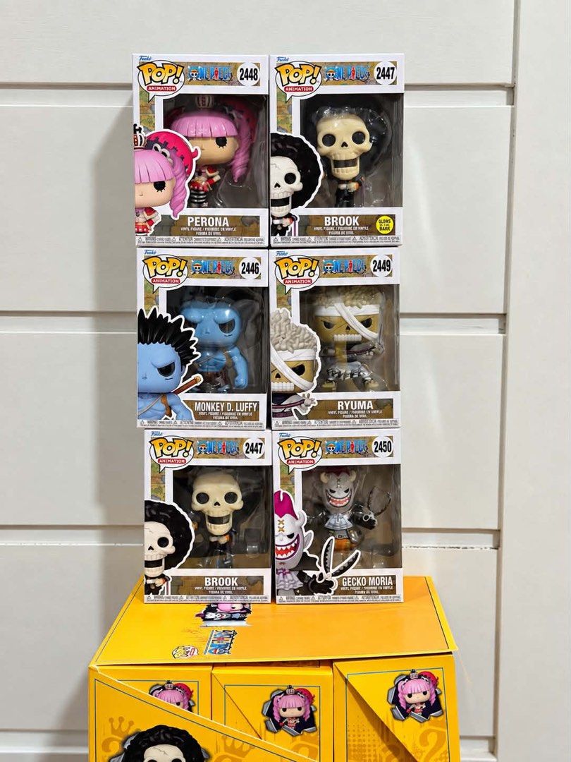 Funko Pop | One Piece (Category: Designer & Blind Box Toys) located in Tarlac. Submitted by myles809 (Listing ID 1464496843, Image 1). Description: [FOR SALE] Letting go of some of my Funko collection! • Perona #2448 w/ Shining Card — ₱750 • Brook #2447 GITD w/ Card — ₱1,000 • Monkey D. Luffy #2446 w/ Card — ₱1,200 • Ryuma #2449 w/ Card — ₱700 • Brook #2447 w/ Card — ₱700 • Gecko Moria #2450 w/ Card — ₱700 TAKE ALL — ₱4,500 - All figures are in t