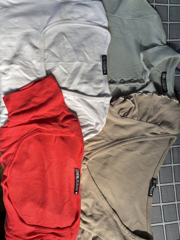 GET ALL Zara Ribbed Tops (Category: Blouses) located in Vigan. Submitted by prelovedbyr.1 (Listing ID 1464359231, Image 1). Description: personal preloved item color may vary due to lighting fits xs-s condition: 9/10 flaw: green: has black stain at the back white: has washable small dirt stain at the back red: thin loc: vigan city, I.S. mop: gcash/maribank mod: J&T.