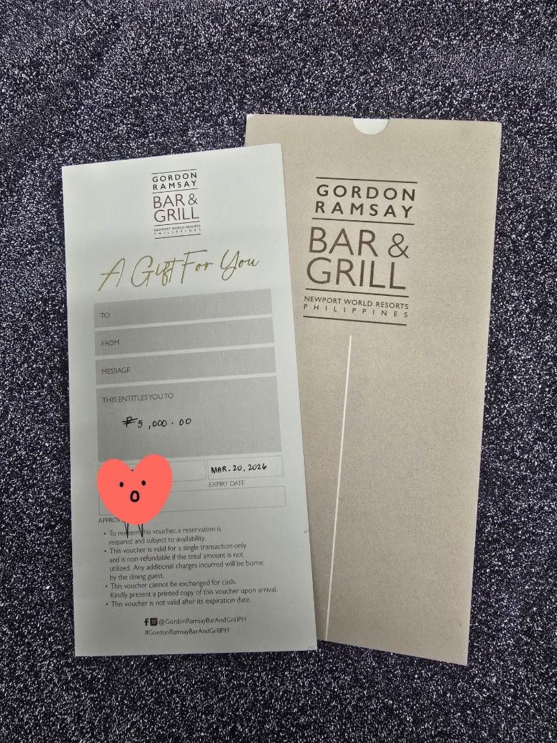 Gordon Ramsay Bar and Grill GC (Category: Store Credits) located in Manila. Submitted by out_of_d_closet (Listing ID 1464439829, Image 1). Description: Gordon Ramsay Bar and Grill Gift Certificate worth 5k for sale for only 4k valid until March 2027.