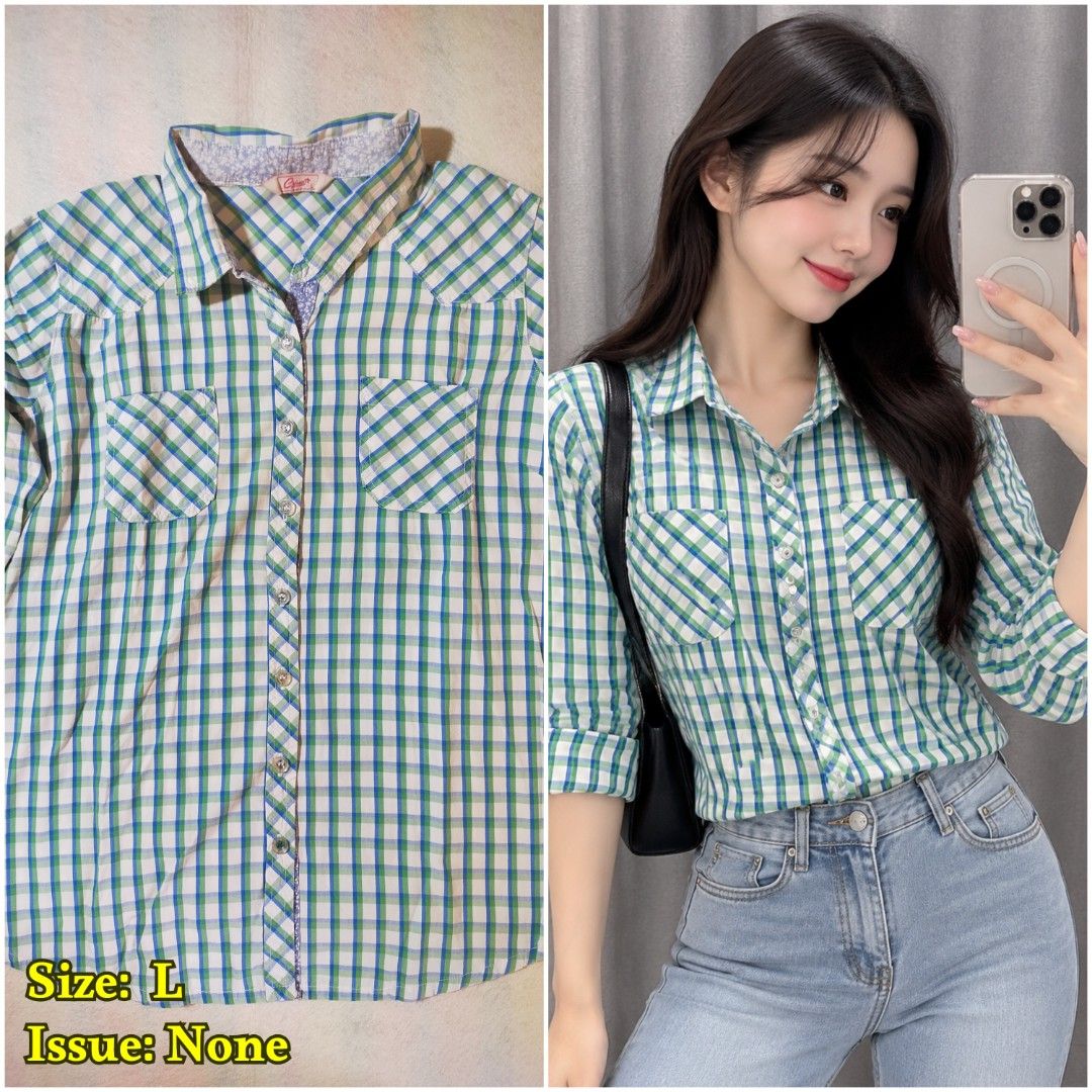Green Plaid Button-Up Shirt Size L (Category: Shirts) located in Santo Tomas. Submitted by zenzenzennaya (Listing ID 1464450063, Image 1). Description: - Cute green and white plaid pattern - Button-up style - Two chest pockets - Subtle patterned lining on collar - Size L - Great paired with jeans - No issues found.