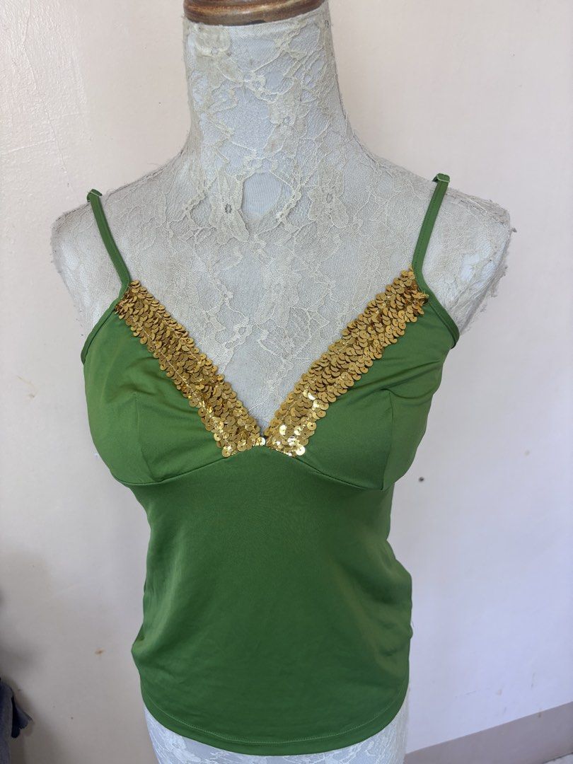 Green Tank Top with Gold Sequin Trim (Category: Sleeveless) located in Manila. Submitted by galitsabarat (Listing ID 1464517005, Image 3). Description: - Adorable green camisole top - Features adjustable straps for a perfect fit - Pretty gold sequin trim along the neckline - Versatile: great for layering or wearing solo - Snug, flattering fit - Ideal for a night out or casual wear.
