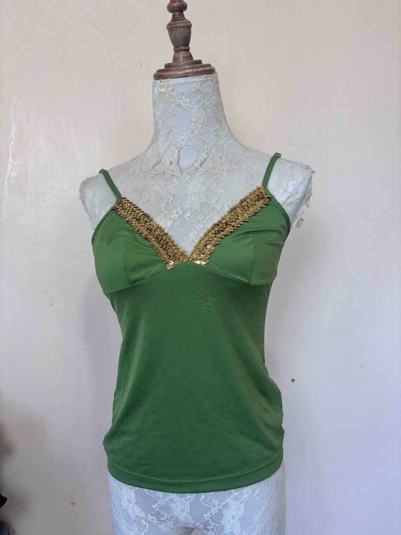 Green Tank Top with Gold Sequin Trim (Category: Sleeveless) located in Manila. Submitted by galitsabarat (Listing ID 1464517005, Image 2). Description: - Adorable green camisole top - Features adjustable straps for a perfect fit - Pretty gold sequin trim along the neckline - Versatile: great for layering or wearing solo - Snug, flattering fit - Ideal for a night out or casual wear.