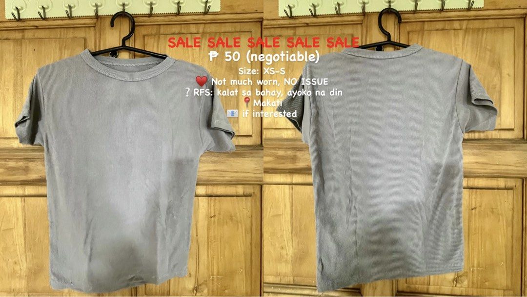 Grey Ribbed T-shirt XS-S (Category: Shirts) located in Manila. Submitted by _ReynGoAway (Listing ID 1464391995, Image 1). Description: - Grey ribbed t-shirt - Size XS-S - Gently used, no issues - Pick-up in Makati.