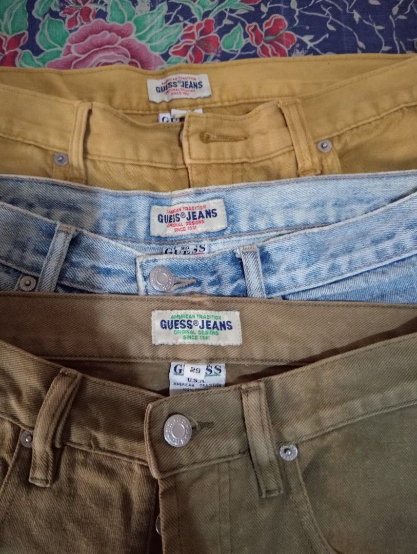 Guess Jeans - Vintage Y2k (Category: Jeans) located in Makati City. Submitted by YSL80022 (Listing ID 1464438538, Image 1). Description: - Guess Jeans Y2K - Straight Leg - Colors: Military Green - size 29- sold Light Wash Denim - size 30- sold Mustard - size 32 - available - Material: 100% Cotton - Perfect addition to your wardrobe! - all postings are personally owned, not ukay RFS: weight gain Price: Php500 each, lot sale Php1200 for all 3 jeans